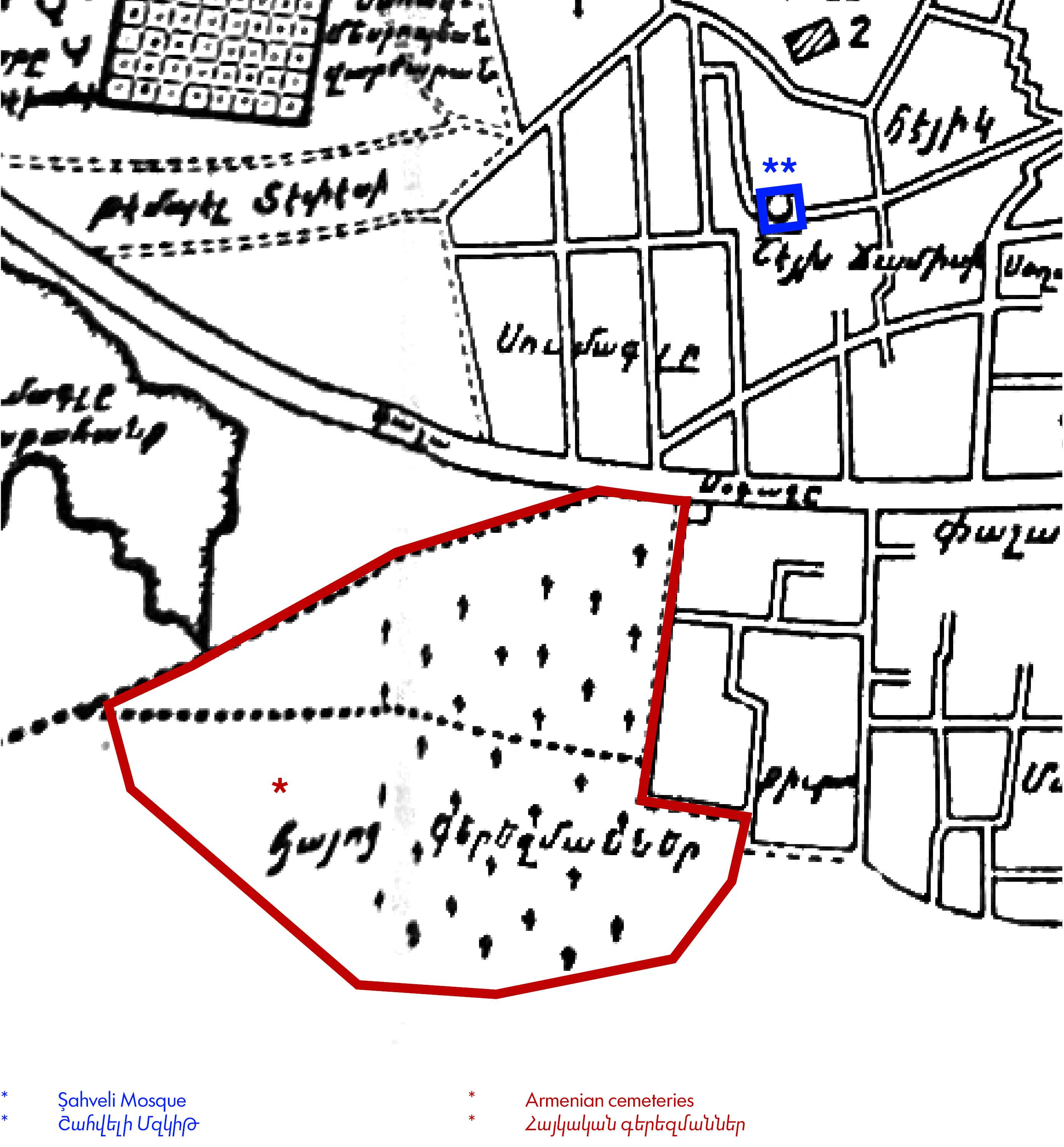 Hand-drawn map showing armenian cemeteries