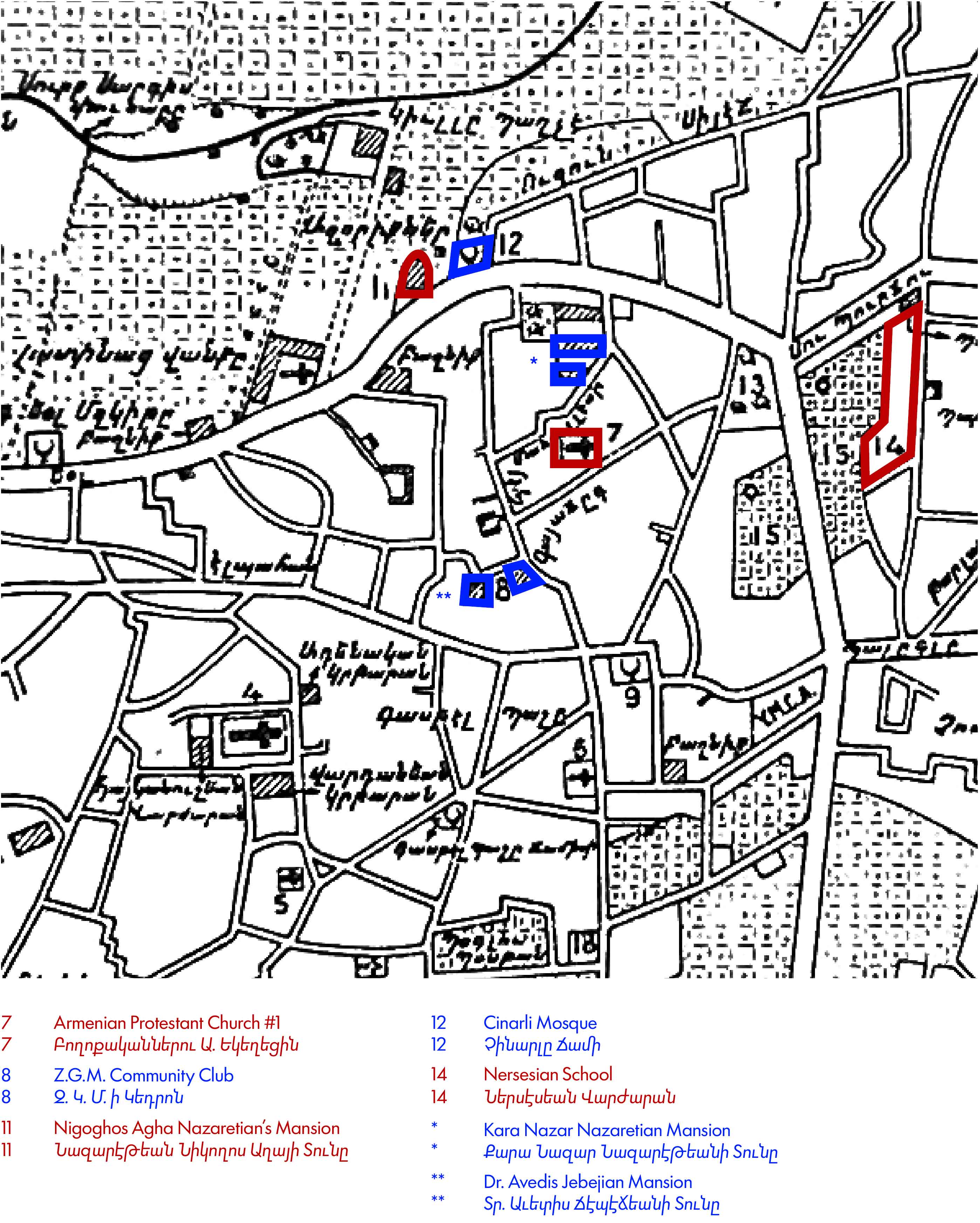 Hand-drawn mapping showing mansions of prominent Armenian families