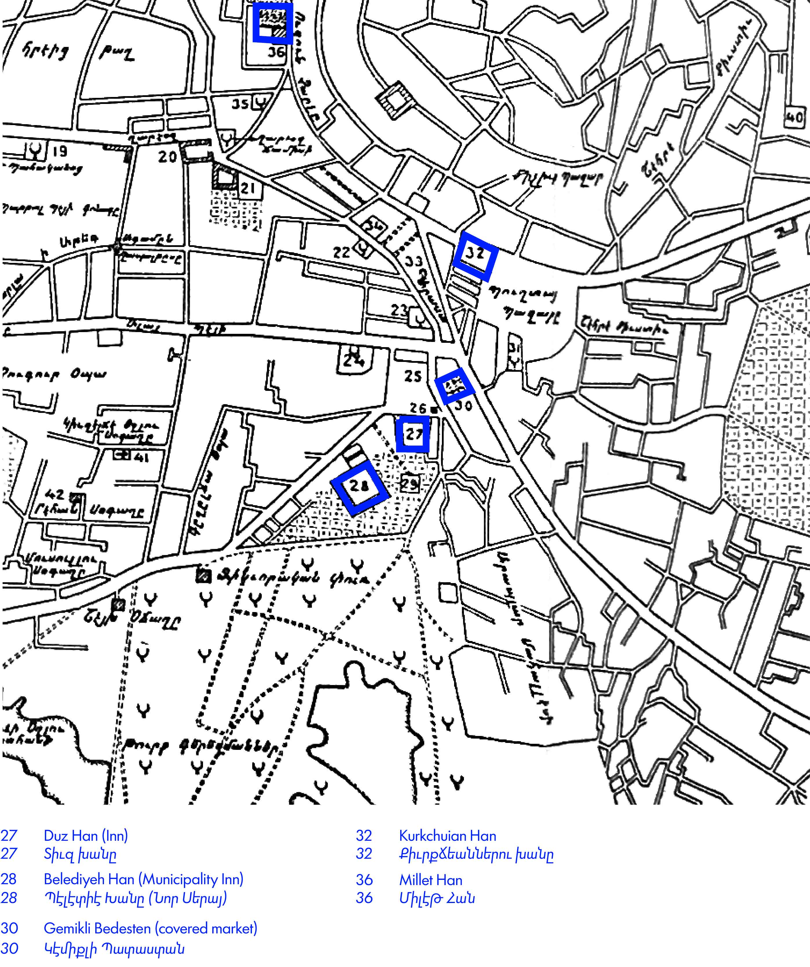 Hand-drawn map showing commercial street of inns